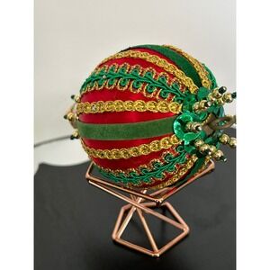 Christmas Ornament Push Pin Red Green Gold Beaded Sequin Ribbon Collectible